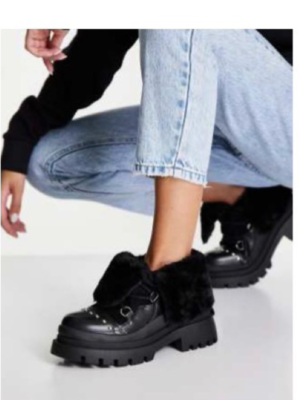 Women’s Black Faux Fur Platform Lug Sole Shoes